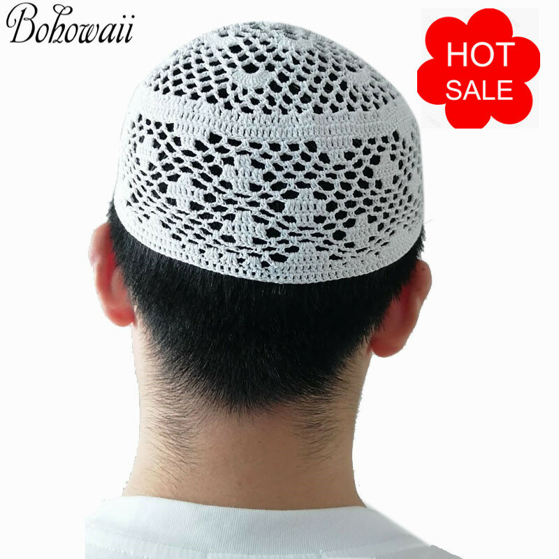 BOHOWAII-Chapéus de oração muçulmana para homens, gorro Kippa respirável, boné de algodão, gorro de crochê para muçulmanos