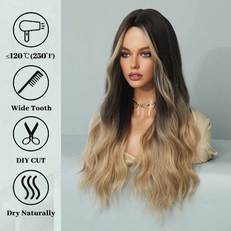 Ombre Light Blonde Brown Long Curly Wigs Middle Part Hair Cosplay Natural Hair Synthetic Wigs for Women Heat Resistant Halloween