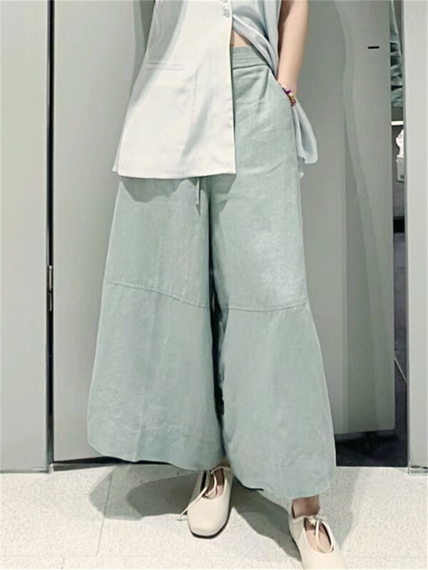 Ensemble jupe et pantalon en lin vert clair pour femme, haut précieux ou taille haute, nœud dans le dos, décontracté, nouveau, été, 2024