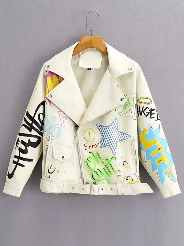 여성용 PU 가죽 재킷, 다채로운 프린트 그래피티, 소프트 펑크 코트, 슬림 기관차 크롭 재킷, 가죽 탑, 패션 브랜드 코트
