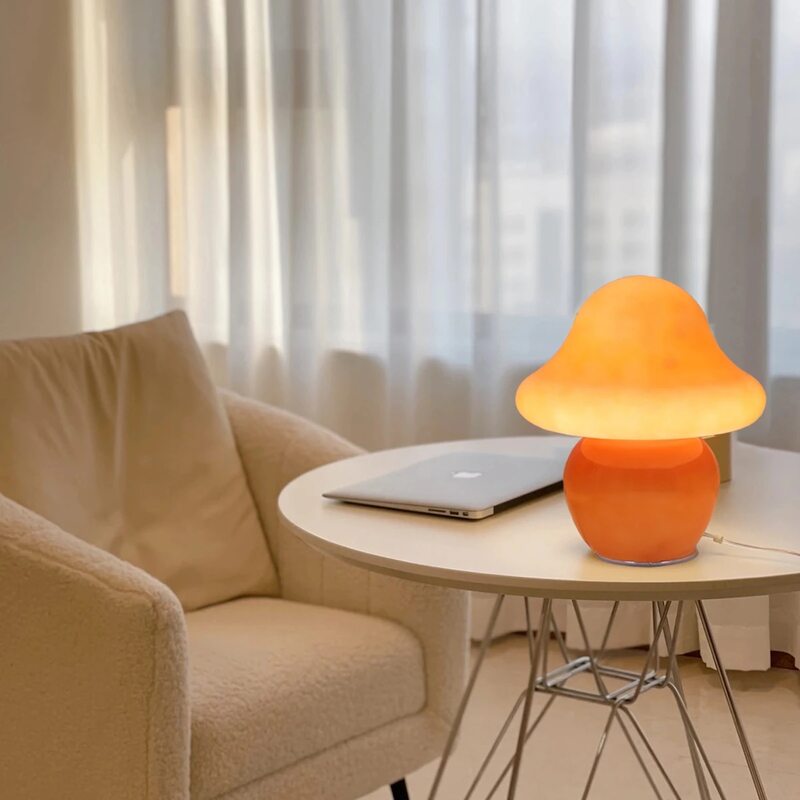 Lámpara de mesa de seta de vidrio naranja para dormitorios, sala de estar, lámparas estéticas para dormitorio, Linda lámpara de mesita de noche