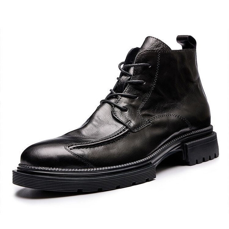 Botas de couro estilo zíper exterior masculino, botas de cano alto, dedo do pé redondo masculino, sola grossa, com renda, alta qualidade