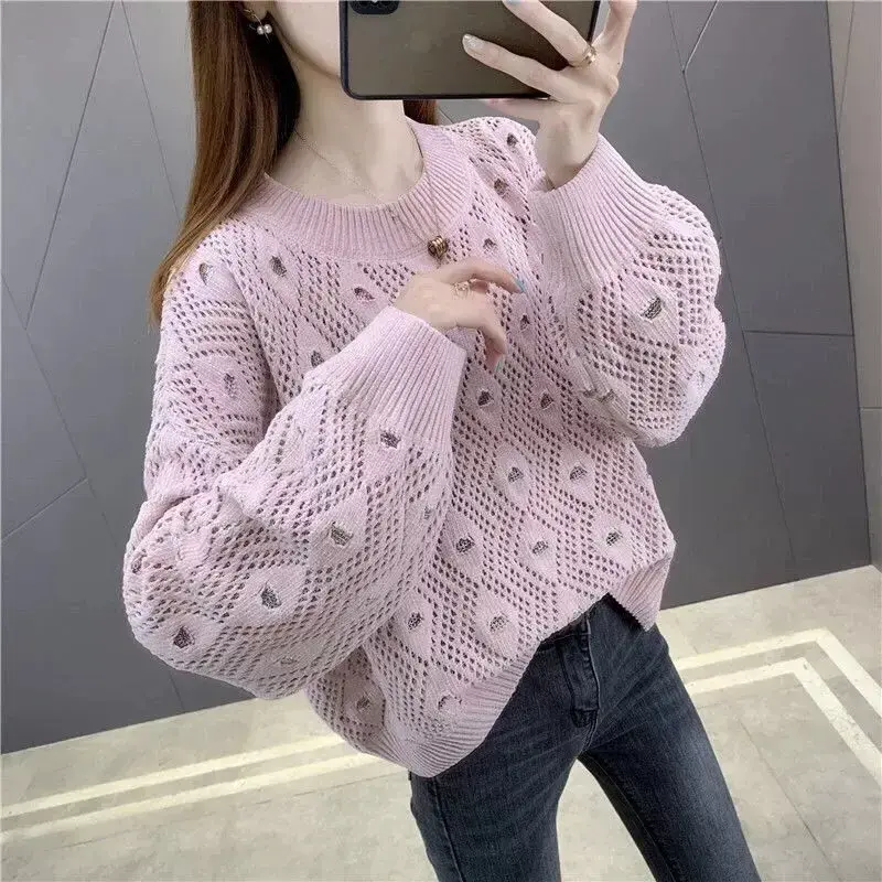 Sweater wanita mode baru Sweater rajutan berongga bordir leher bulat longgar Pullover gaya Jepang atasan komuter semua cocok