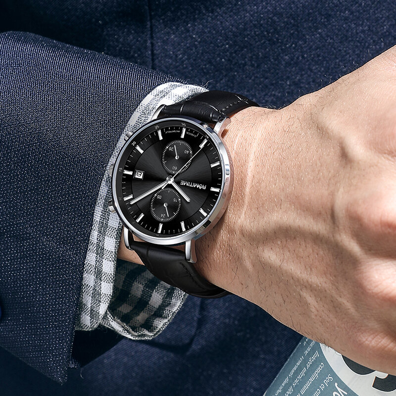 ROMITIME jam tangan multifungsi untuk pria, arloji kuarsa mewah tahan air bercahaya ultra-tipis untuk pria