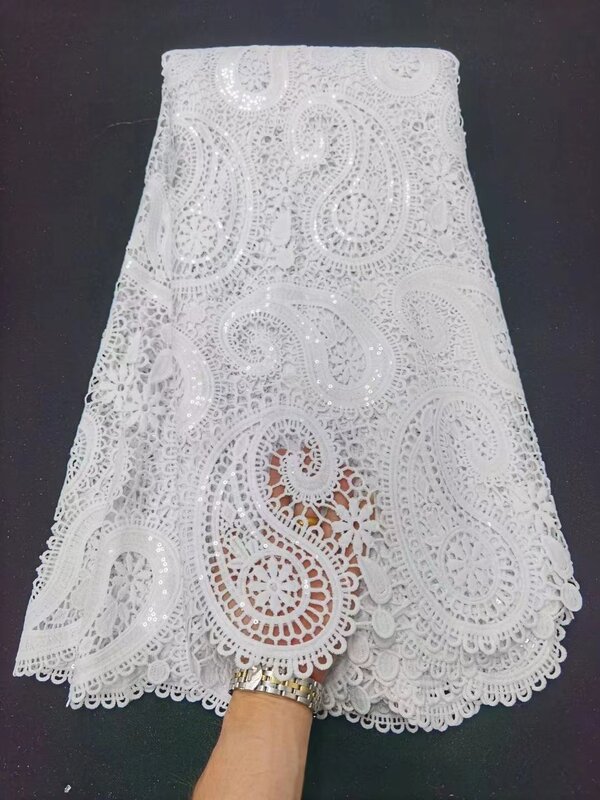 Weiß Afrikanische Spitze Stoff Hohe Qualität Nigerian Französisch Pailletten Spitze Stoff 5Yards Material Für Hochzeit Party Kleid