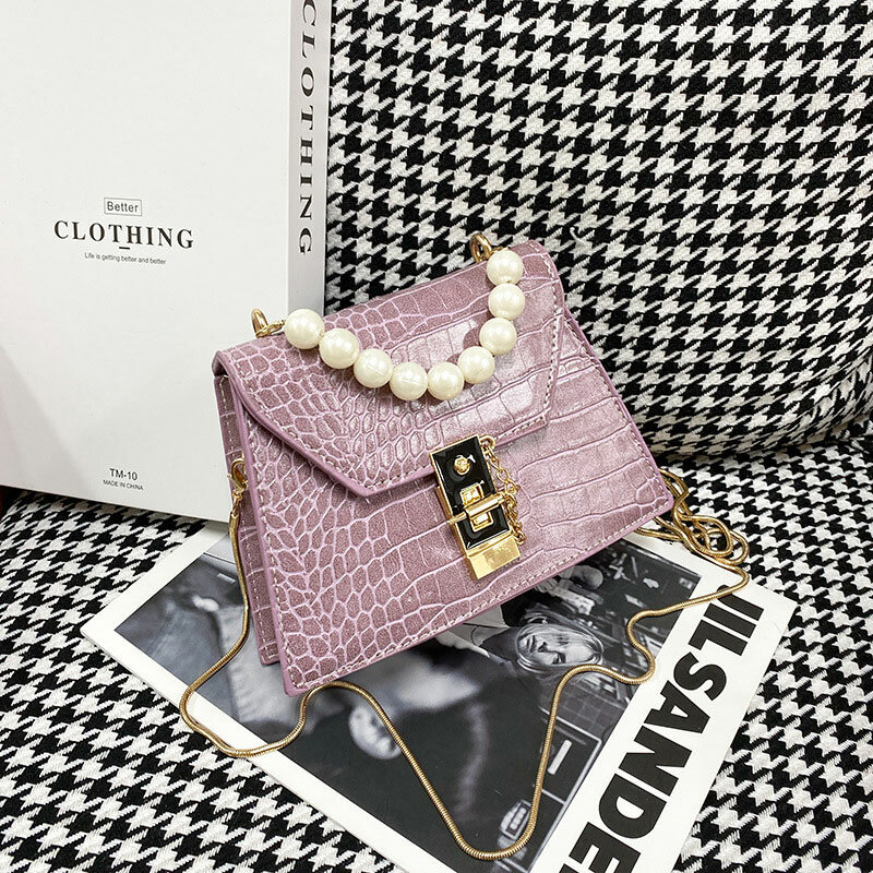 Fashion Chain Shoulder Bag For Women 2021 Designer Pearl Lady Handbags And Purse Retro Casual Small Square Bag Crossbody Bag