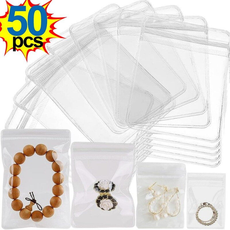 Pochettes à bijoux en PVC transparent, sacs d'évaluation, anti-d'effets, boucle d'oreille, pendentif, collier, boîte de rangement pour bracelet, 10 pièces, 50 pièces