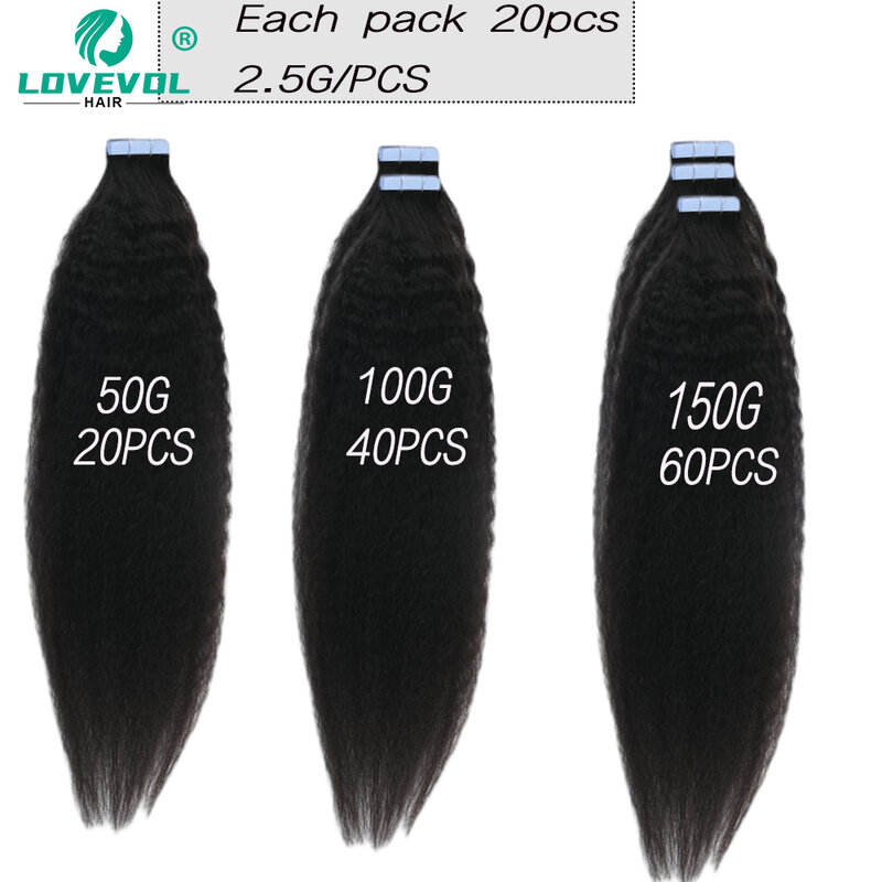 Lovevol 14" to 26" 20 Pcs 50G/set Kinky Straight Tape Ins Hair 100% Remy Tape In Extensions For Women Invisible Natural Black