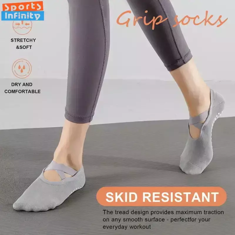 EU35-42 Women Pilates Socks Silicone Anti Slip Yoga Socks Grips & Straps Bandage Cotton Indoor Ballet Dance Sports Fitness Socks