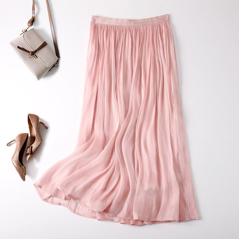 Summer Women's Solid Color Fashion Pleated Skirt Elastic Waist High Waist A Line Long Skirt