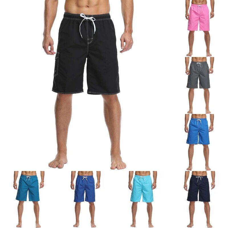 Calção de joelho monocromático masculino, calça de praia, casual, confortável, ao ar livre, cordão, algodão, linho, corredor, verão