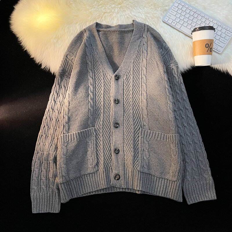 Cardigan masculino de malha de algodão com botões, suéter masculino, casaco casual, outono, inverno, coreano, caseiro, X26