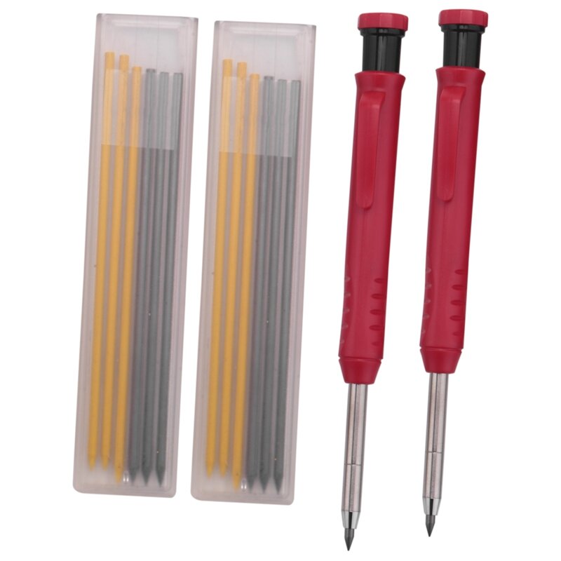 Pensil tukang kayu Solid 2 Pcs, dengan rautan dan 12 lead isi ulang, alat penanda untuk tukang kayu gambar pengerjaan kayu