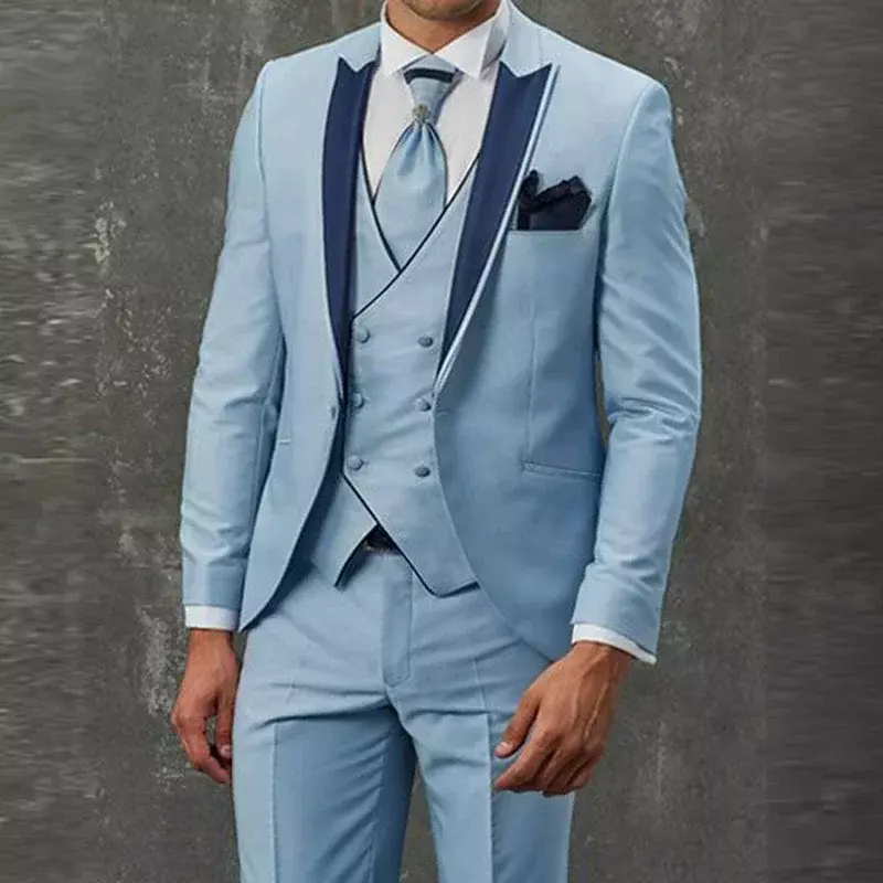 Sky Blue Elegant Men Suits Smart Casual  Slim Fit Blazers Hombre High Quality Custom 3 Piece Set Jacket Pant Vest Costume Homme