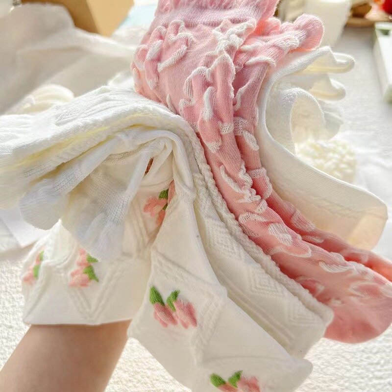 Japanese cute Harajuku Lolita white powder socks JK girl cherry blossom tube socks college students lace socks