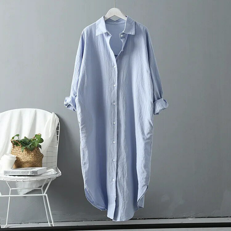 Camisa de linho de algodão de comprimento médio feminina, blusa casual solta, versão coreana, camisa à prova solar, jaqueta nova