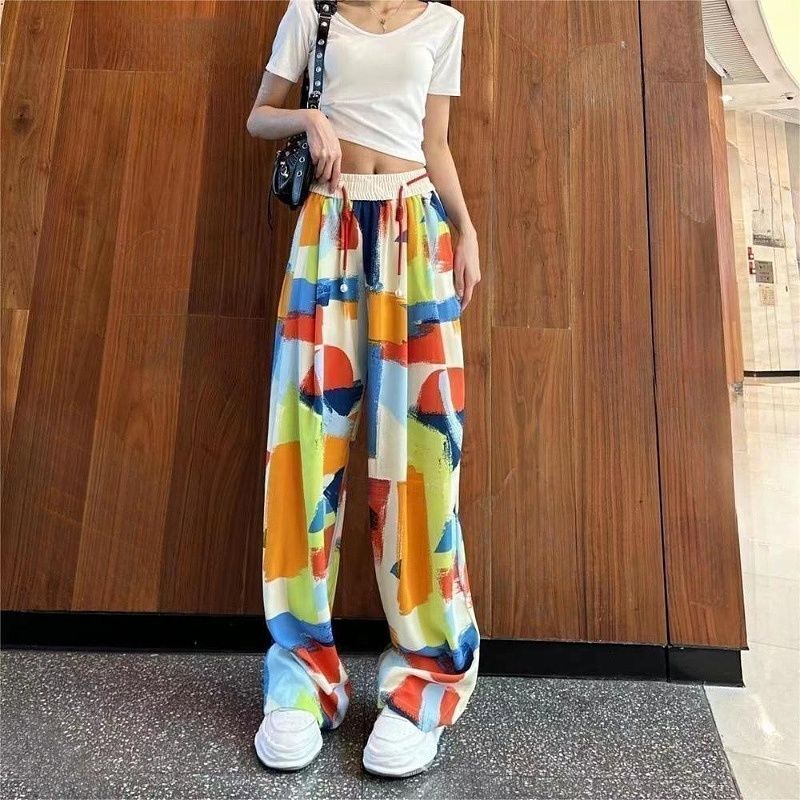 2024 musim panas baru wanita cetak Korea pantai longgar elastis pinggang tinggi serut Fashion lurus kasual celana kaki lebar