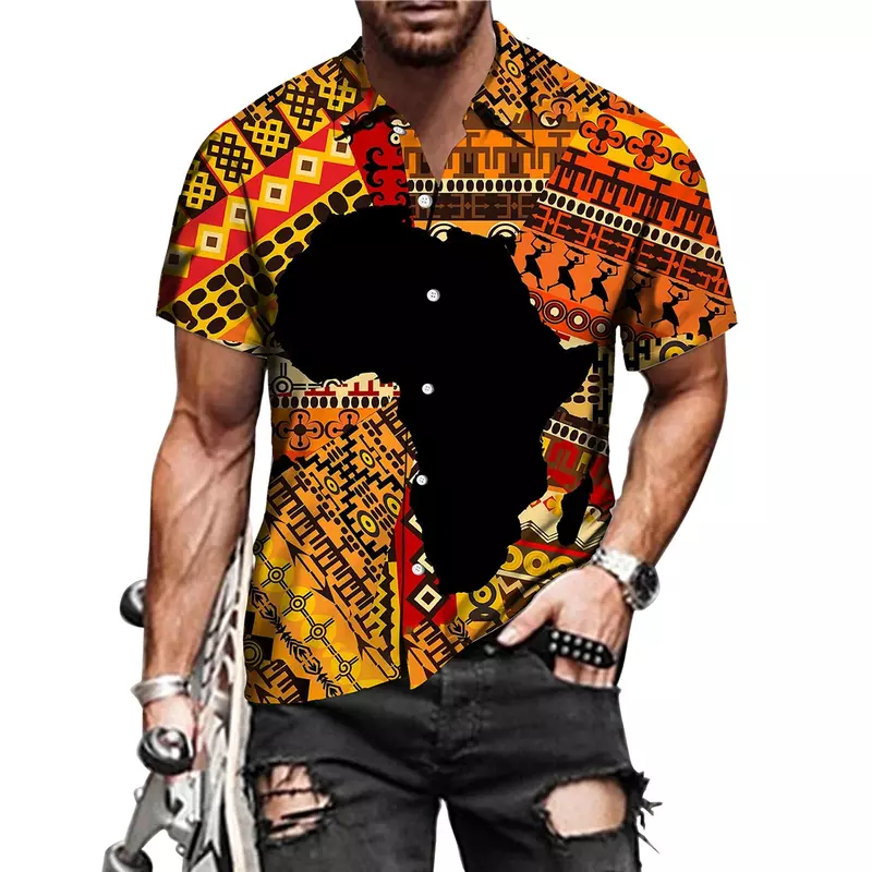 African Map Shirt Africa Men Shirts Men Women Fashion Oversized Blouse Men's Lapel Shirt Beach Camisas Men's Clothing Cuba