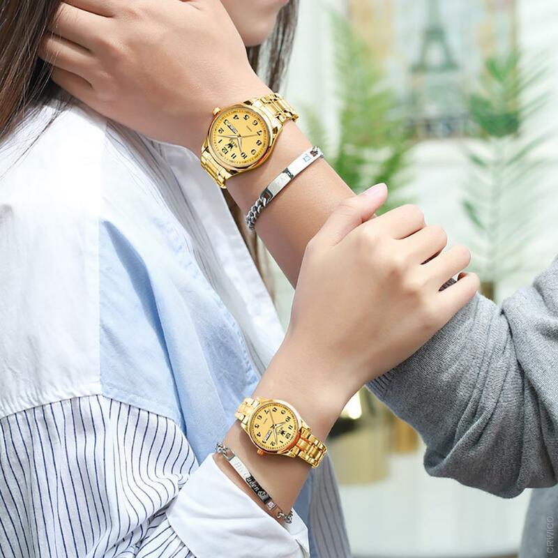 Olevsカップル時計男性の女性ステンレス鋼ファッションのペアの腕時計時計リロイやつリロイmujerデジタルは恋人の腕時計