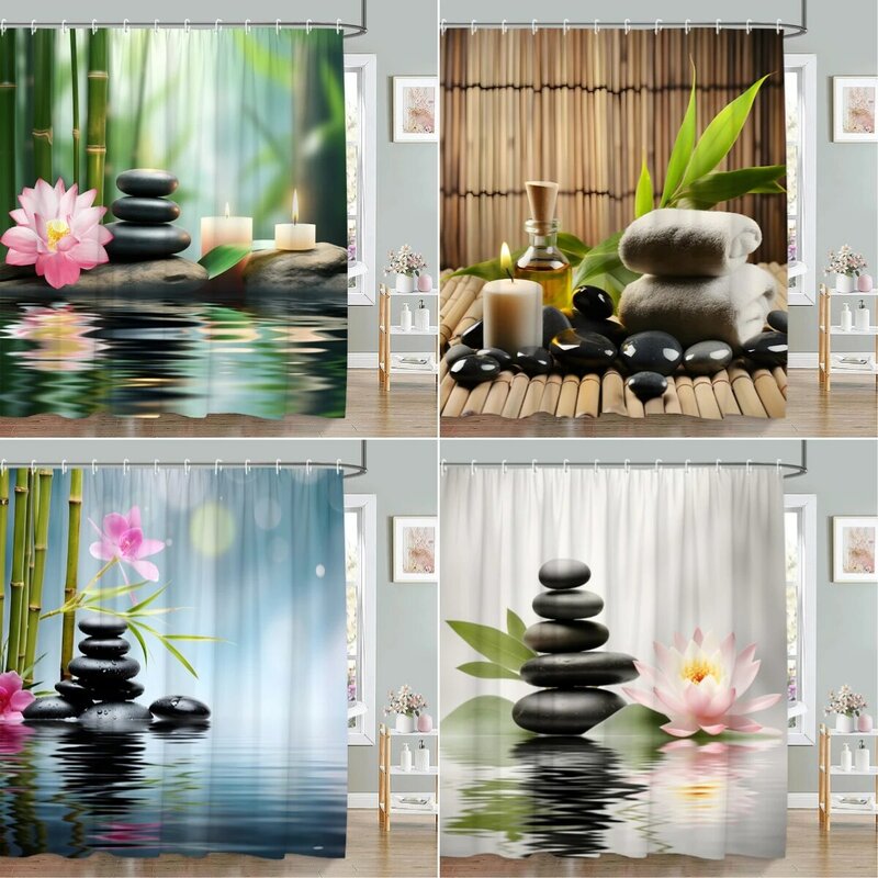 Zen Stone Shower Curtain Landscape Green Bamboo Lotus Purple Orchid Candle Spa River Polyester Fabric Bathroom Decor Curtain Set