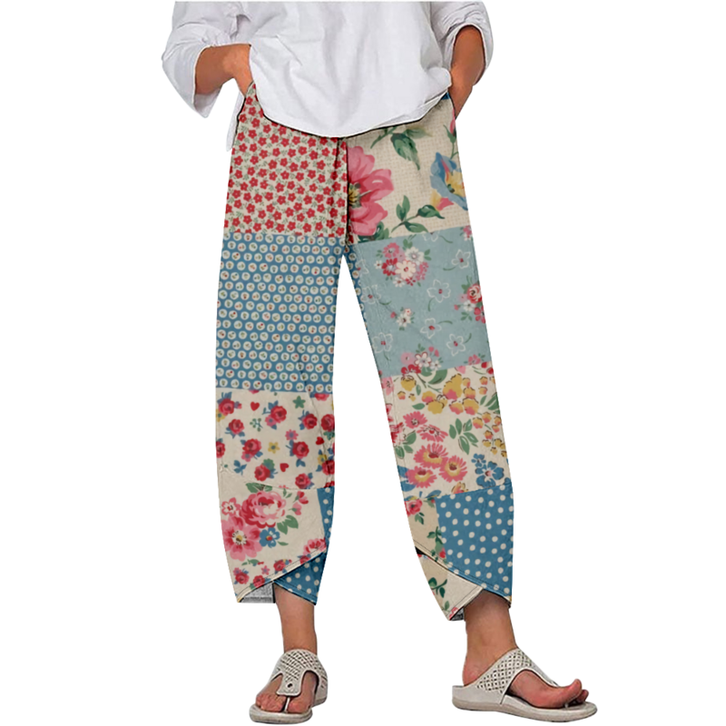 Lato Retro spodnie z kwiatowym nadrukiem Y2k ubrania Streetwear damskie spodnie plażowe luźne spodnie dresowe Capri biegaczy damskie Pantalones