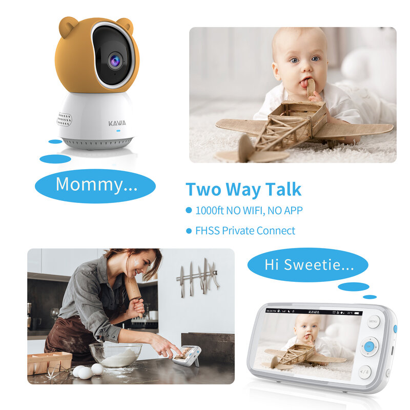 KAWA 2K monitores para bebés vigila con camara vigilancia con monitor de Audio y vídeo cámara inalámbrica con batería de 4000mAh, pantalla de 5 pulgadas, tarjeta TF, vision nocturna de 360 °Áudio bidirecional