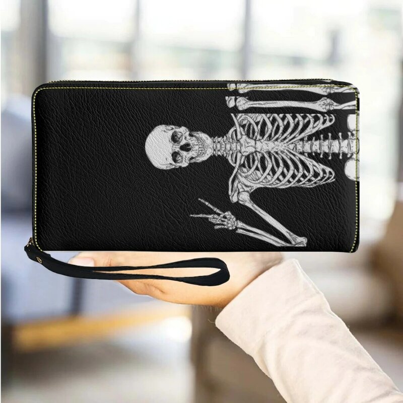 Prezenty na Halloween czarna torebka projekt czaszki luksusowy skórzane portfele dla kobiet posiadacz karta wielofunkcyjna damski carteras para mujer