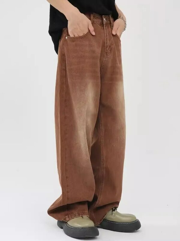 Reddaschic-pantalones vaqueros holgados y deshilachados para hombre, ropa de mezclilla de pierna ancha, color marrón, lavado deshilachado, Grunge, Y2k