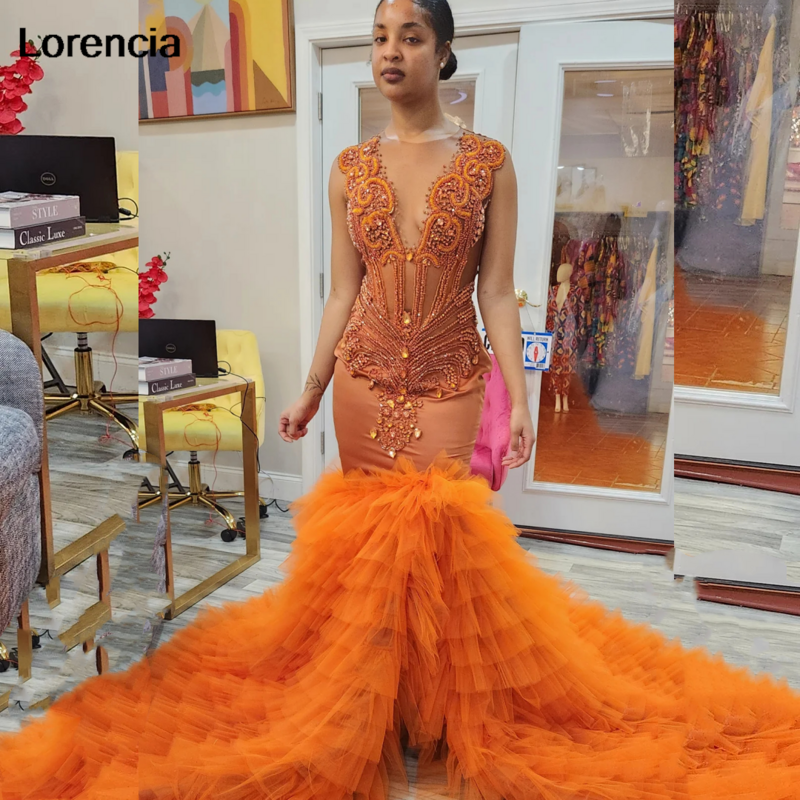 Lorencia High Slit Orange Long Prom Dress for Black Girls Beaded Rhinestones Ruffles Women Party Gala Gown Robe De Soiree YPD113
