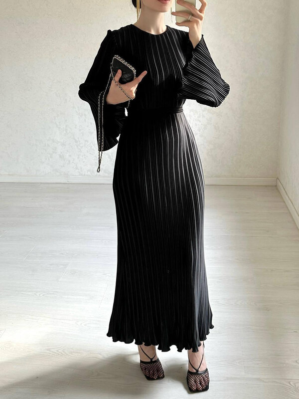Gaun lipit Muslim lengan Flare Lebaran untuk wanita Abaya Maroko renda Abaya Kaftan Islam Dubai jubah panjang sederhana