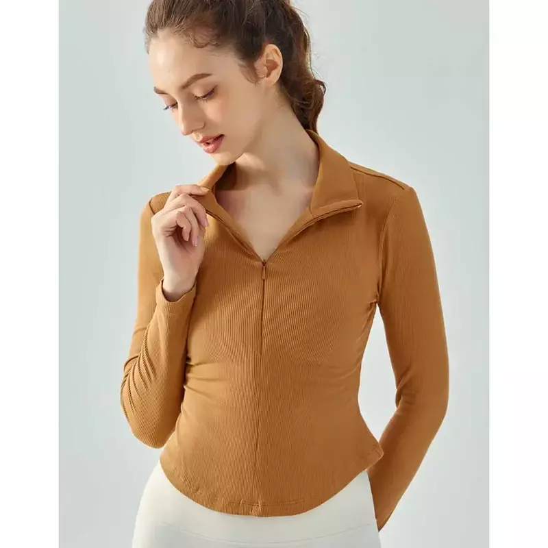 New Yoga Clothes in Autumn and Winter, Long Sleeve Female Lapel Front Zipper Sports Coat, Slim and Slim Running Fitness Suit Top