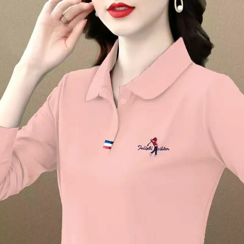 Polo de golfe feminino com lapela bordada, camiseta de secagem rápida, tops esportivos respiráveis, moda primavera e outono