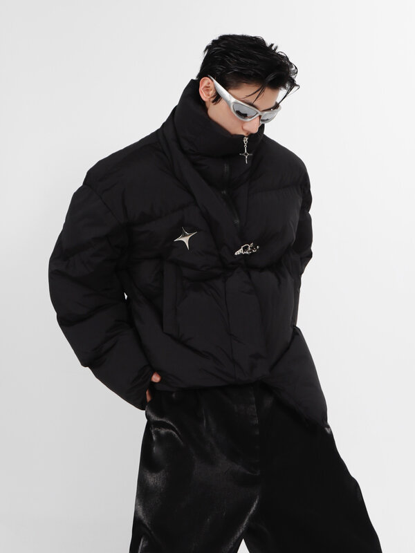 ReddaChic Black Turtleneck Cropped Puffer for Men Asymmetric Quilted Coat Thick Warm Metal Button Down Jacket Y2kEmo Streetwear
