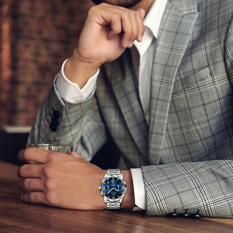 Роскошные мужские кварцевые часы, брендовые многофункциональные водонепроницаемые деловые кварцевые часы из нержавеющей стали с датой и лунной фазой для мужчин