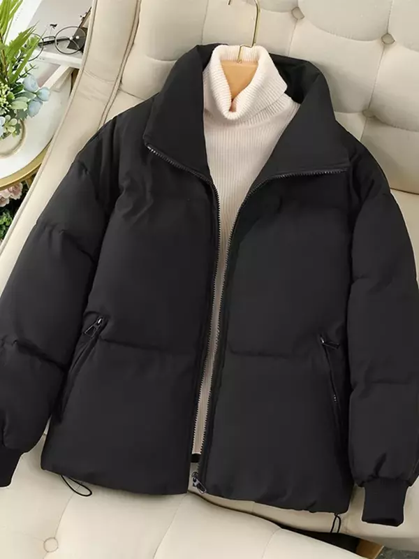 Jaqueta de algodão acolchoada curta para mulheres, cintura de cordão de lapela, casaco quente sólido, saia feminina solta e espessa, nova, outono