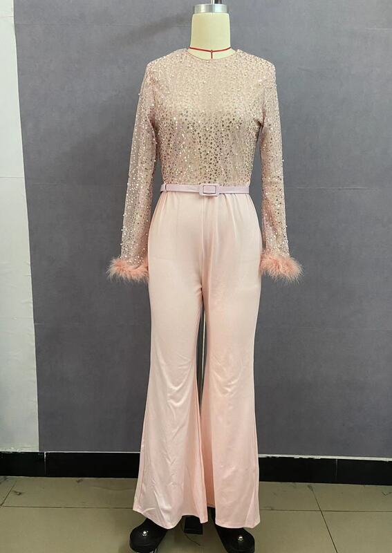 Fashion Feather Splice Sequin Pearl Jumpsuit