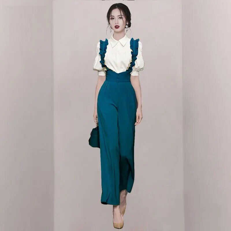 Korean Popular Bubble Sleeve Chiffon Shirt Wide Leg Strap Pants Two-piece Set Elegant Women Pants Set Office Outfits