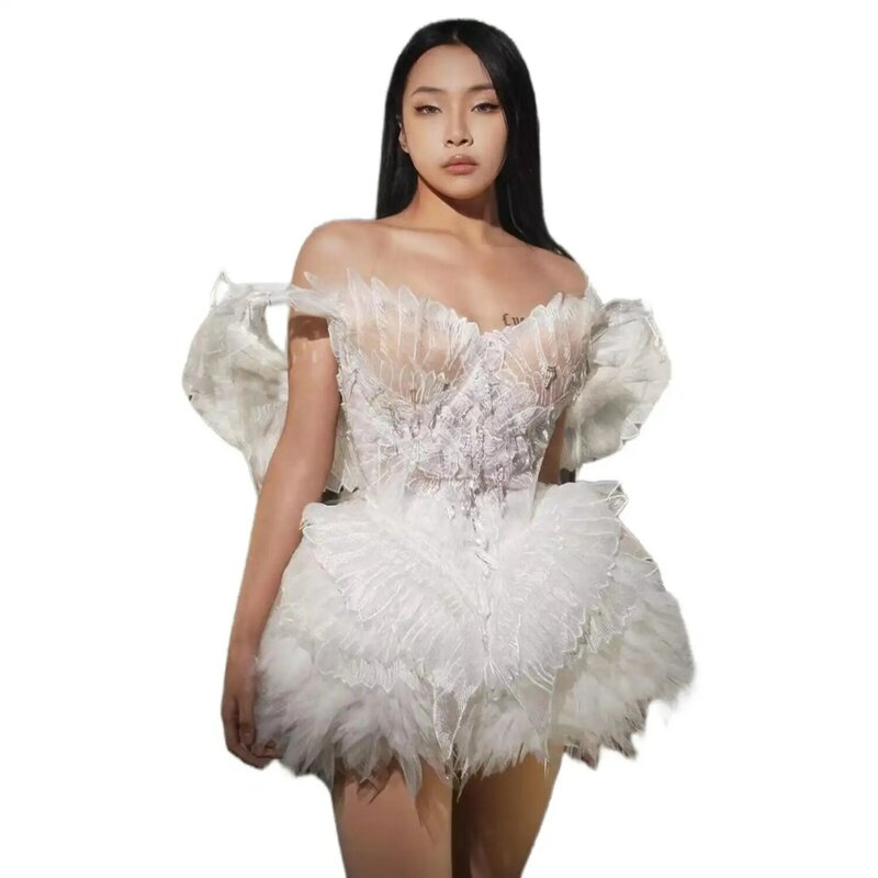섹시한 흰색 날개 오프 숄더 백리스 짧은 드레스 여성용, 웨딩 생일 축하 의상, 우아한 댄스 의상