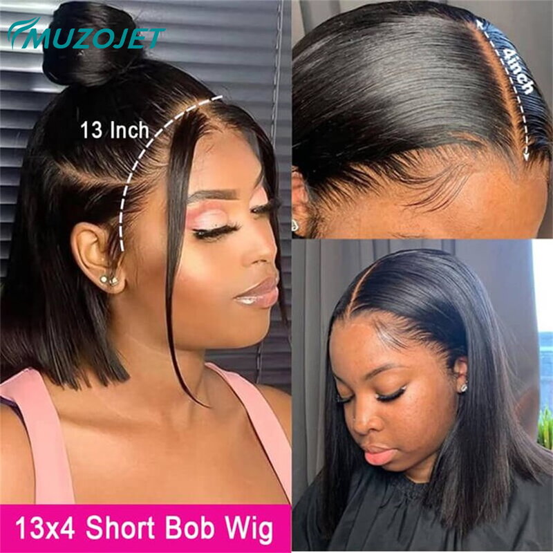 Peluca de cabello humano liso con encaje Frontal 13x4 para mujeres negras, pelo corto Bob, Remy, HD, transparente, a la venta