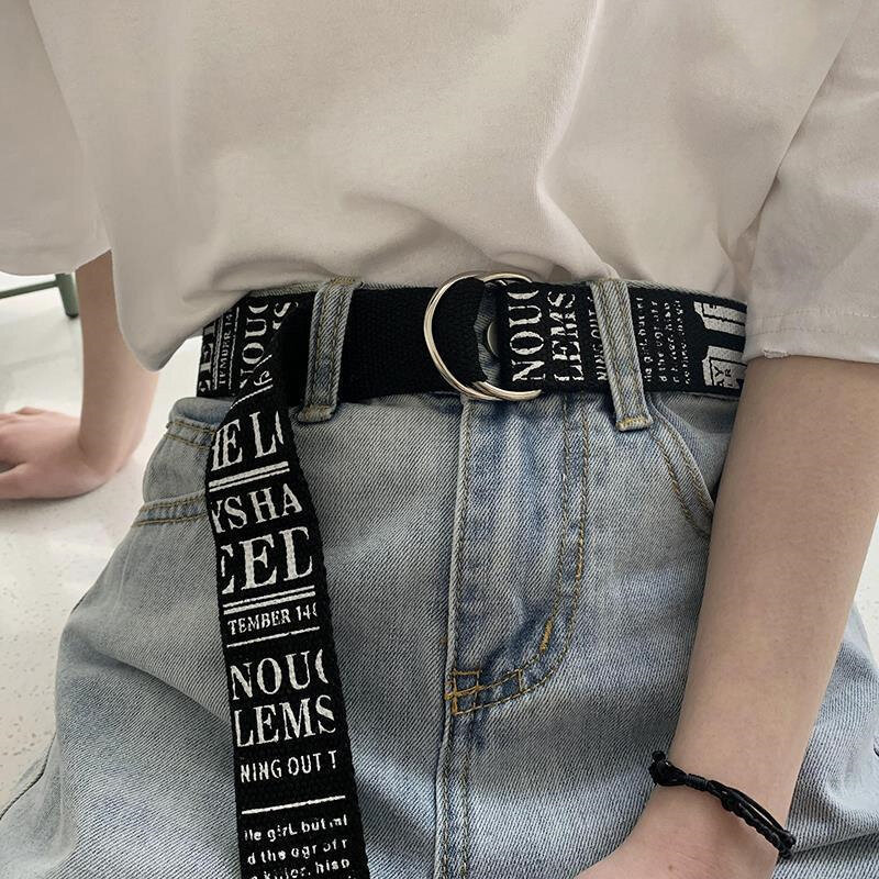 Cinturilla de lona con estampado de letras de doble hebilla para mujer y hombre, pantalones vaqueros simples y de moda con decoración de cinturón