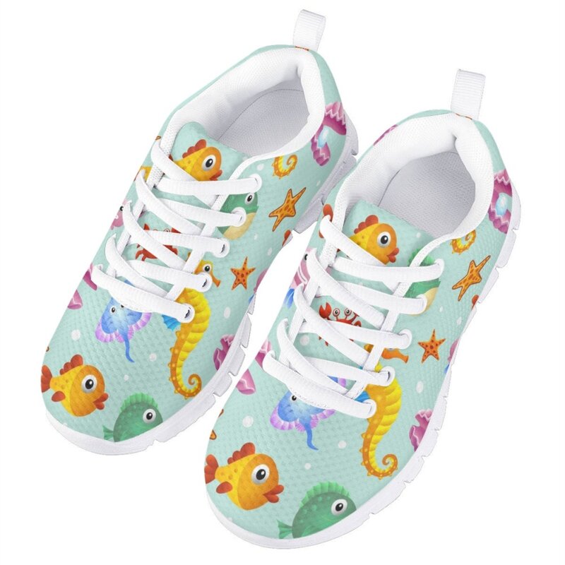 Sepatu kets bertali kasual untuk remaja, sepatu Sneakers datar ringan ukuran kecil, sepatu jalan pola kartun hewan bawah air untuk anak laki-laki dan perempuan