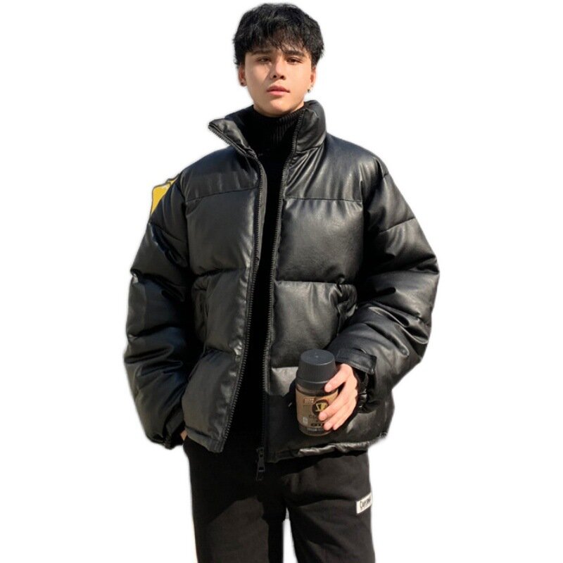 PU Parker Men's Winter Coat Zipper Coat with Pockets Thickened Bread Jacket Winter Men Clothing Warm Waterproof Jacket