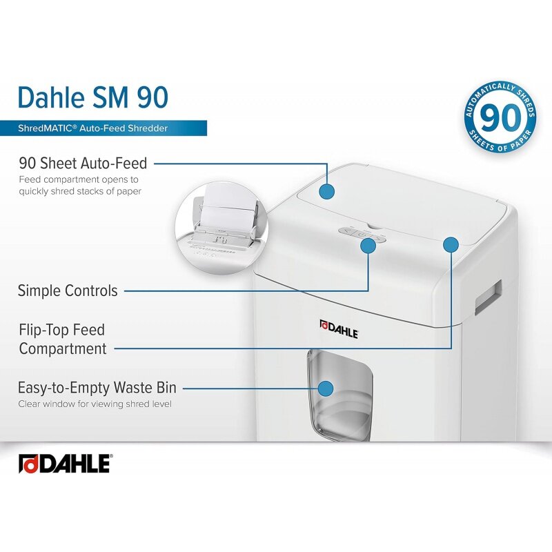 Dahle-trituradora de papel SM 90, bandeja de alimentación de 90 hojas, sin aceite, protección contra atascos, P-4 de nivel de seguridad, 1-2 usuarios