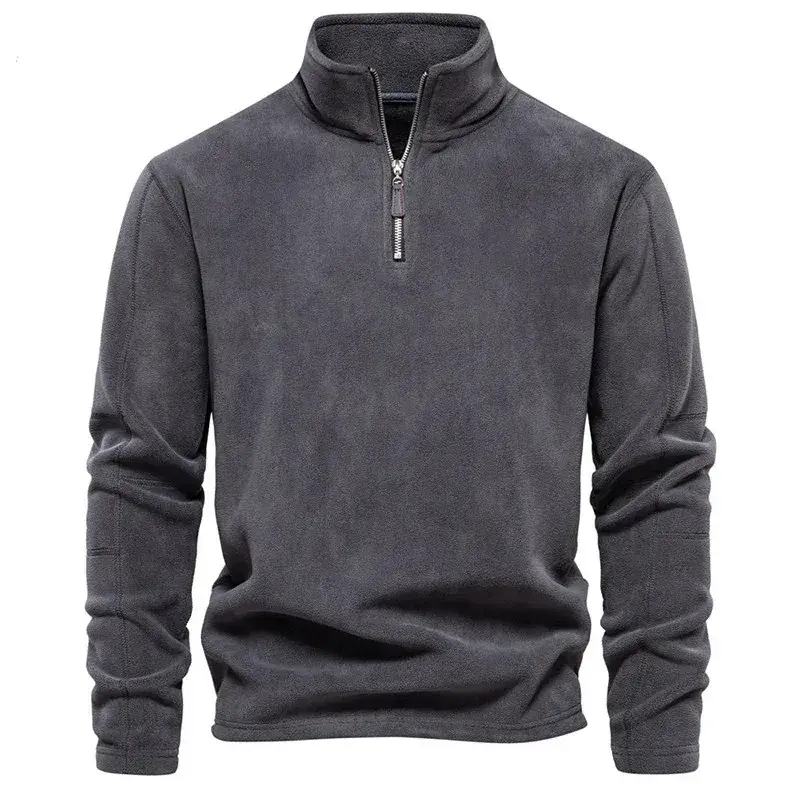 Fall Winter Warm Fleece Tops Men Sweatshirts Casual Long Sleeve Zipper Stand Collar Pullover Mens Fashion Solid Color Sweatshirt