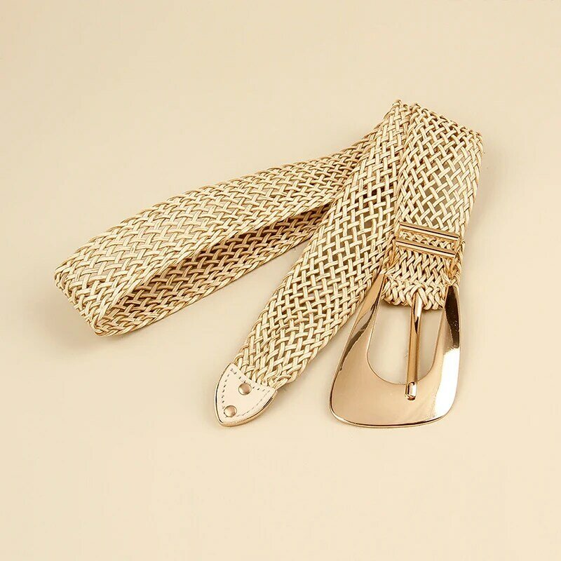 Cinturón de paja de PP para mujer, cinturón ancho elástico bohemio, Cinturón trenzado, vestido informal de verano, accesorios de ropa