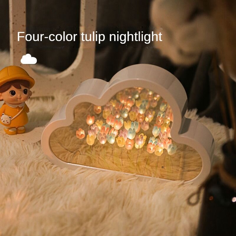 클라우드 미러 야간 조명 수제 DIY 튤립 소녀 거실 야간 조명, 작은 거울, 데스크탑 발광 장식품