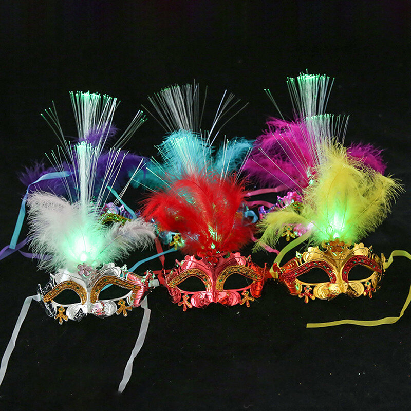 Máscara de plumas LED multicolor para Halloween, fibra óptica, fiesta de graduación, Princesa, suministros de decoración, máscara de luz brillante