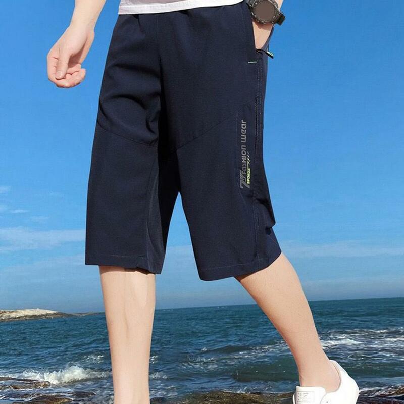 Solid Color Men Pants Breathable Mid-calf Length Men's Cropped Pants with Elastic Waist Zipper Pockets Soft Ice for Comfortable