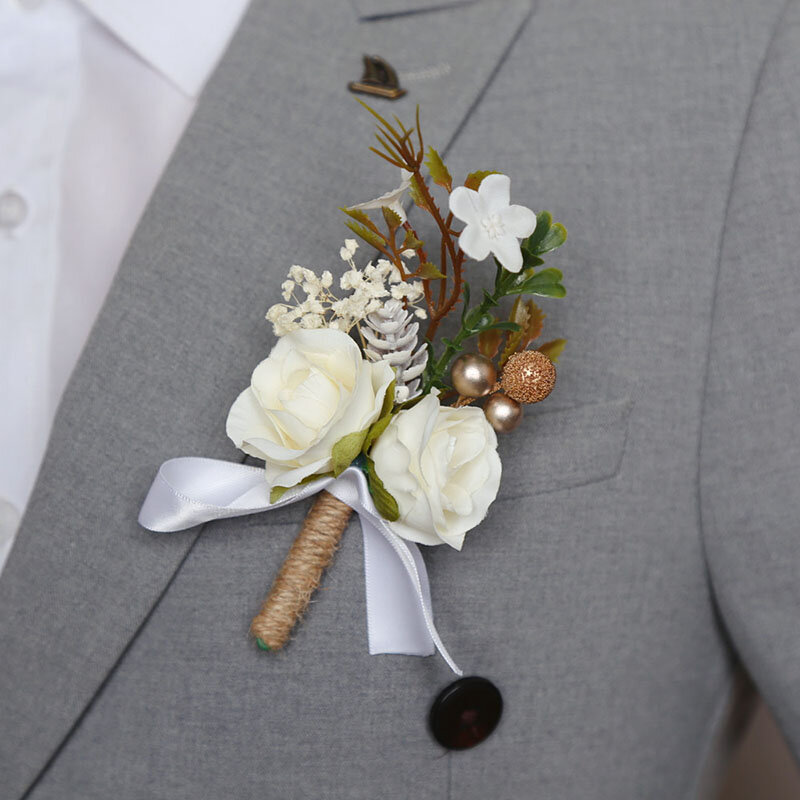 Bros korsase pernikahan bunga tiruan korsase kamelia bunga aster putih mawar sutra Boutonniere Pin korsase bunga