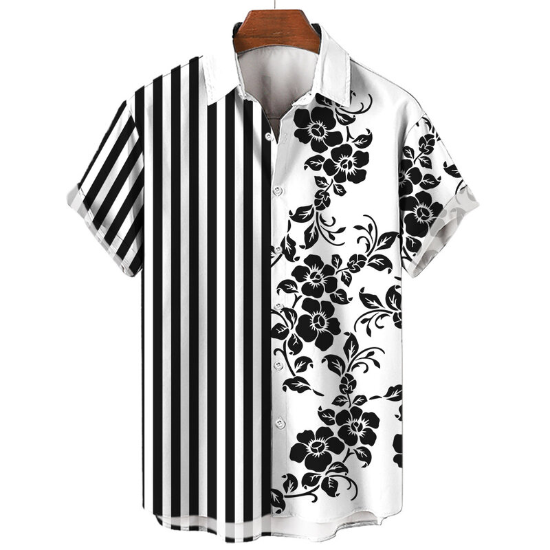 하와이안 남성용 줄무늬 꽃 패턴 셔츠, 3D 프린트 캐주얼 반팔 상의, 여름 신상 패션 의류, 세일 셔츠